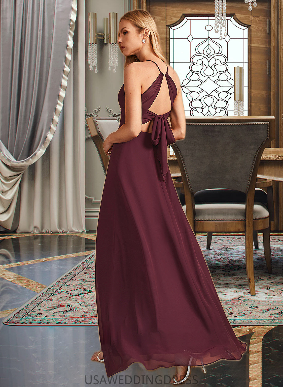 Jacey A-Line High Neck Floor-Length Bridesmaid Dress With Split Front DSP0012968