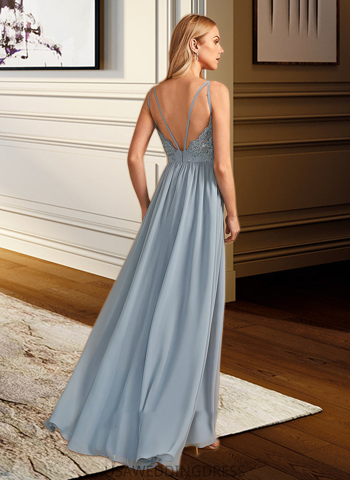 Kaleigh A-Line V-neck Floor-Length Bridesmaid Dress With Ruffle DSP0012977