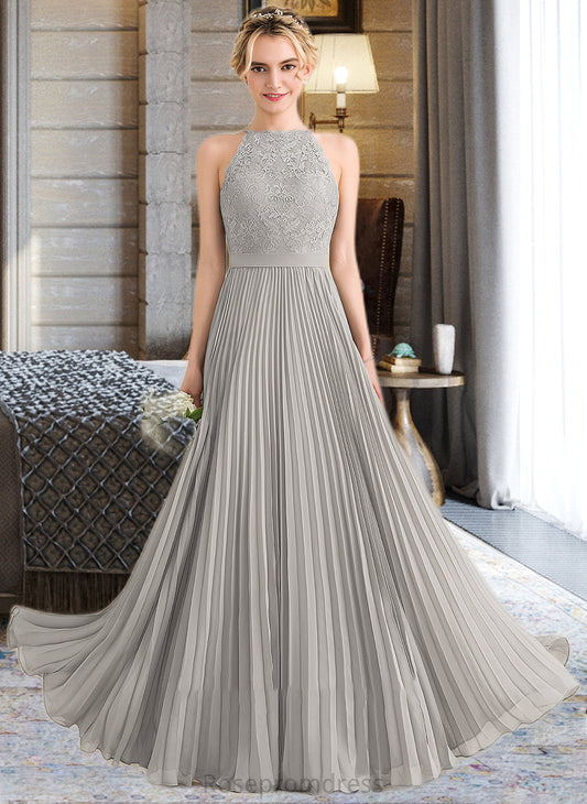 Anabelle A-Line Scoop Neck Floor-Length Chiffon Lace Bridesmaid Dress With Pleated SRSP0012980