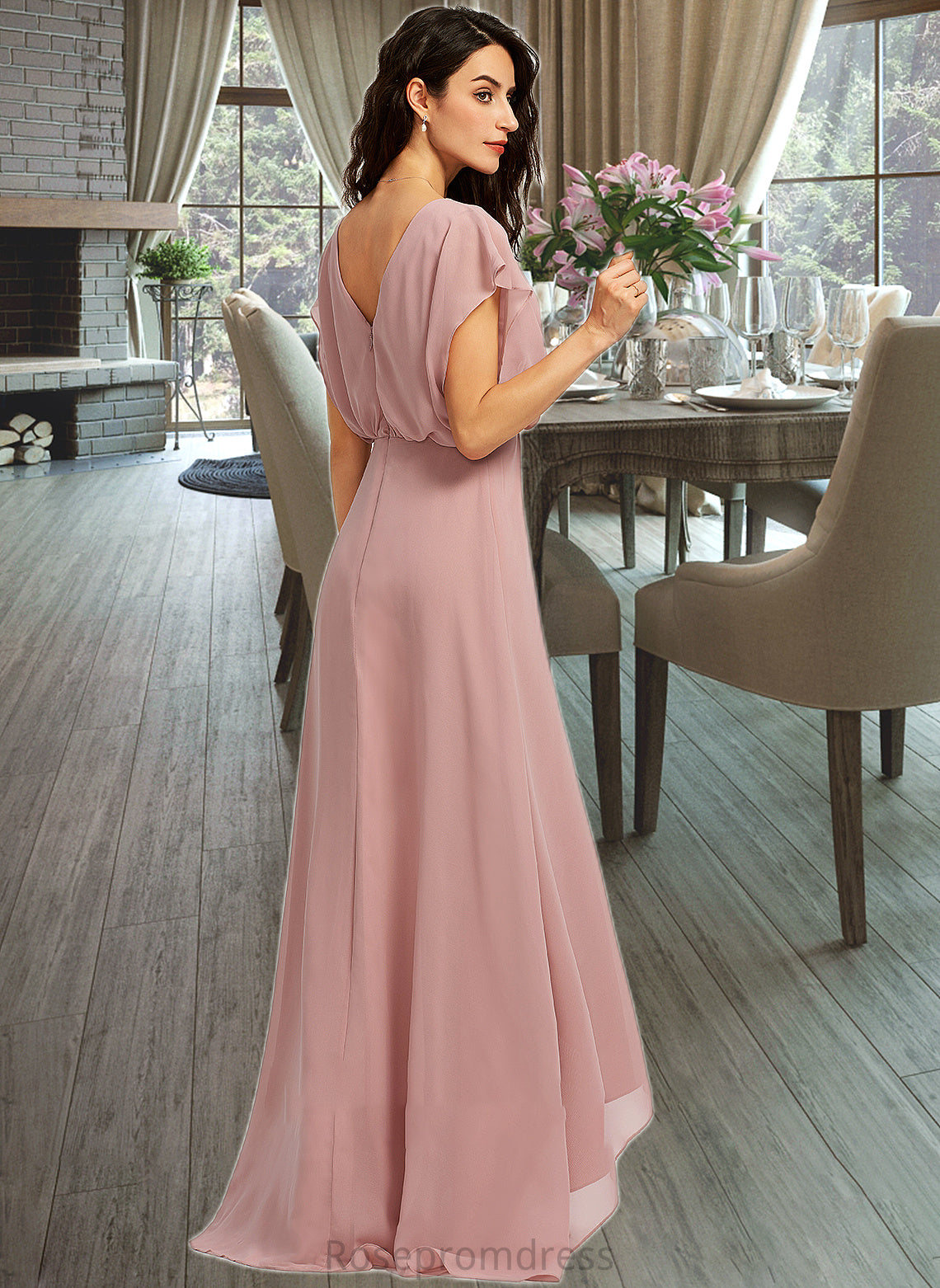 Kiersten A-Line V-neck Asymmetrical Bridesmaid Dress With Split Front SRSP0012983