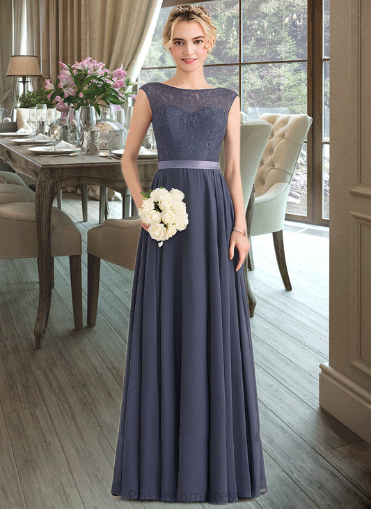 Abbey A-Line Scoop Neck Floor-Length Chiffon Lace Bridesmaid Dress With Bow(s) SRSP0012984