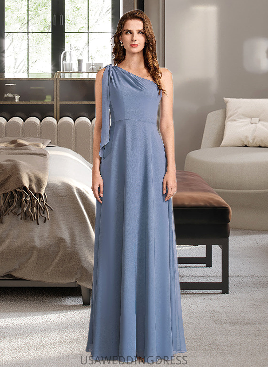 Ella A-Line One-Shoulder Floor-Length Bridesmaid Dress With Bow(s) DSP0012985