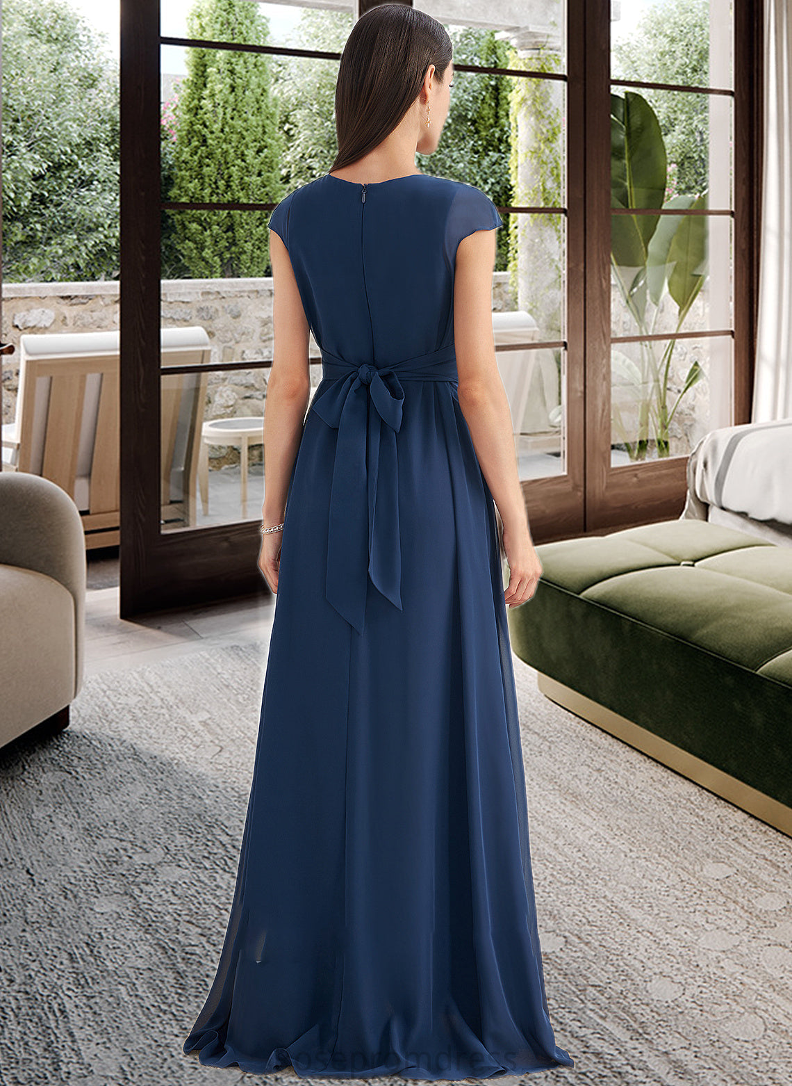 Jazmyn A-Line V-neck Floor-Length Bridesmaid Dress With Ruffle SRSP0012986