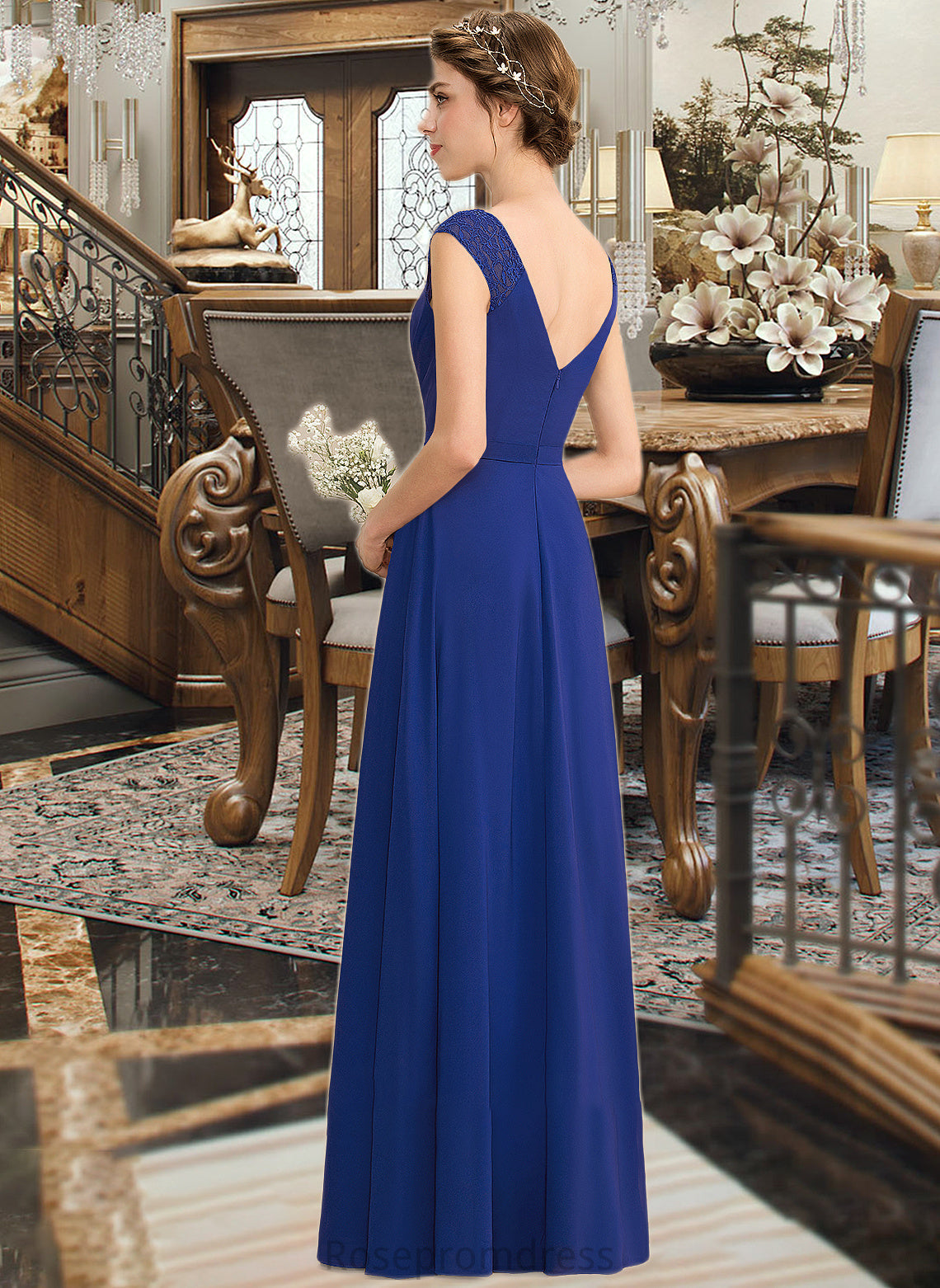 Giada A-Line V-neck Floor-Length Chiffon Lace Bridesmaid Dress With Ruffle Split Front SRSP0012988