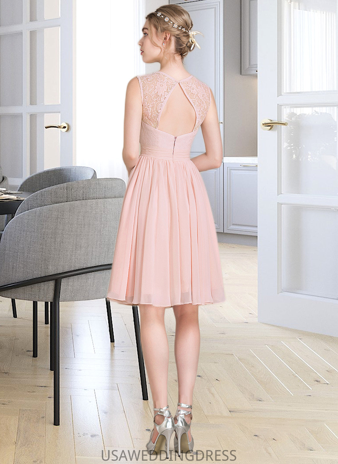 Clare A-Line Scoop Neck Knee-Length Chiffon Lace Bridesmaid Dress With Ruffle DSP0012990