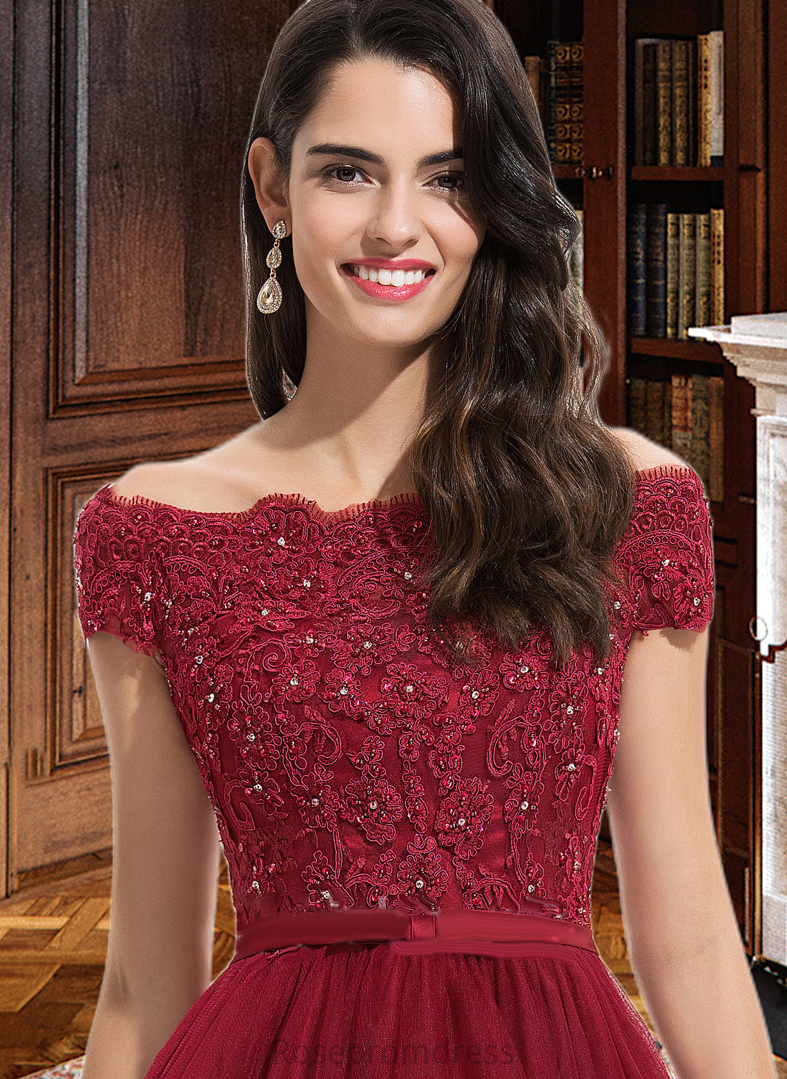 Bailey Ball-Gown/Princess Off-the-Shoulder Asymmetrical Tulle Bridesmaid Dress With Beading Sequins Bow(s) SRSP0012991