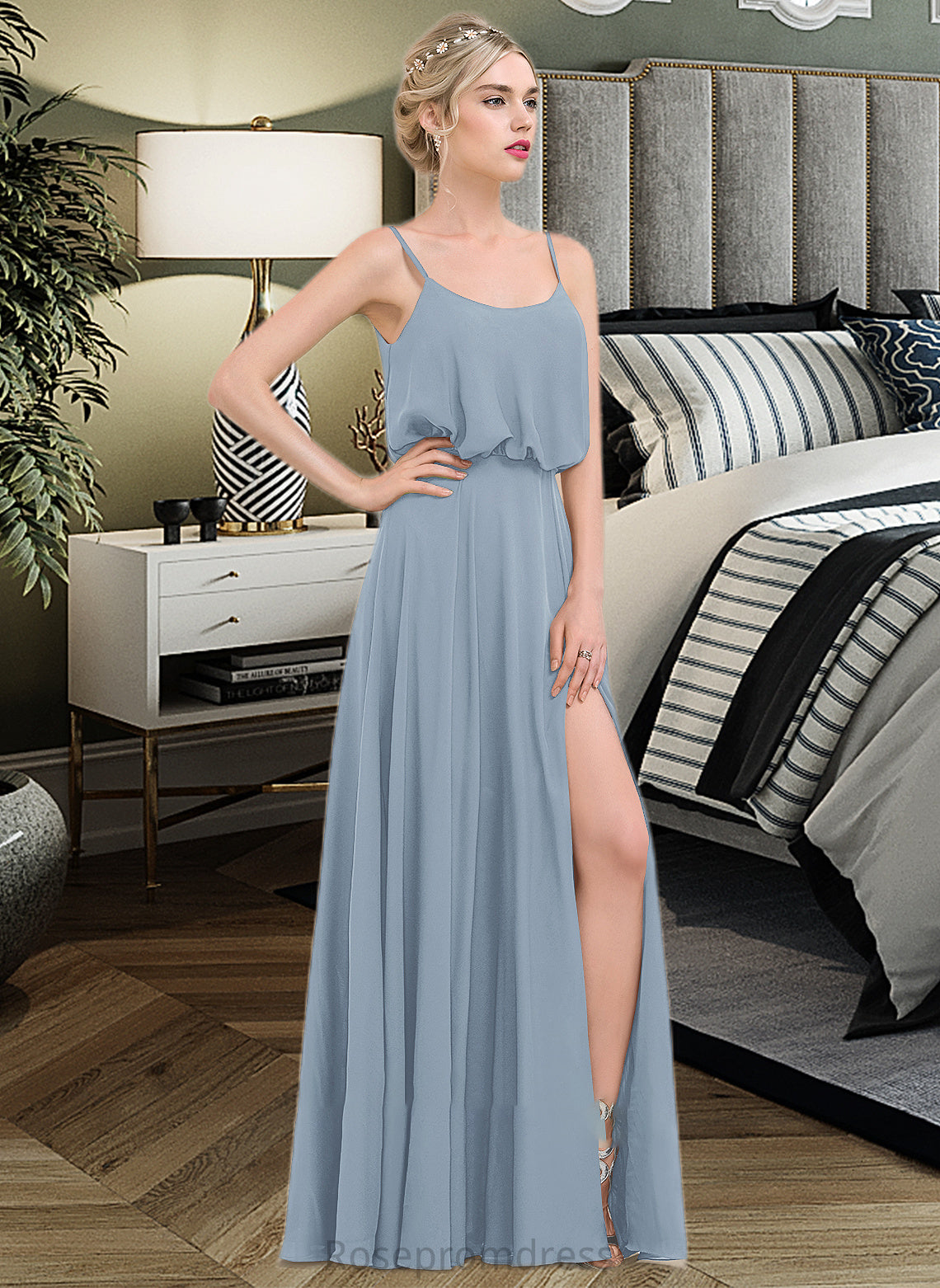 Olive A-Line Square Neckline Floor-Length Chiffon Bridesmaid Dress With Split Front SRSP0012992