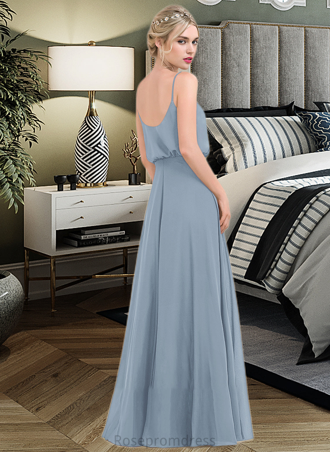 Olive A-Line Square Neckline Floor-Length Chiffon Bridesmaid Dress With Split Front SRSP0012992