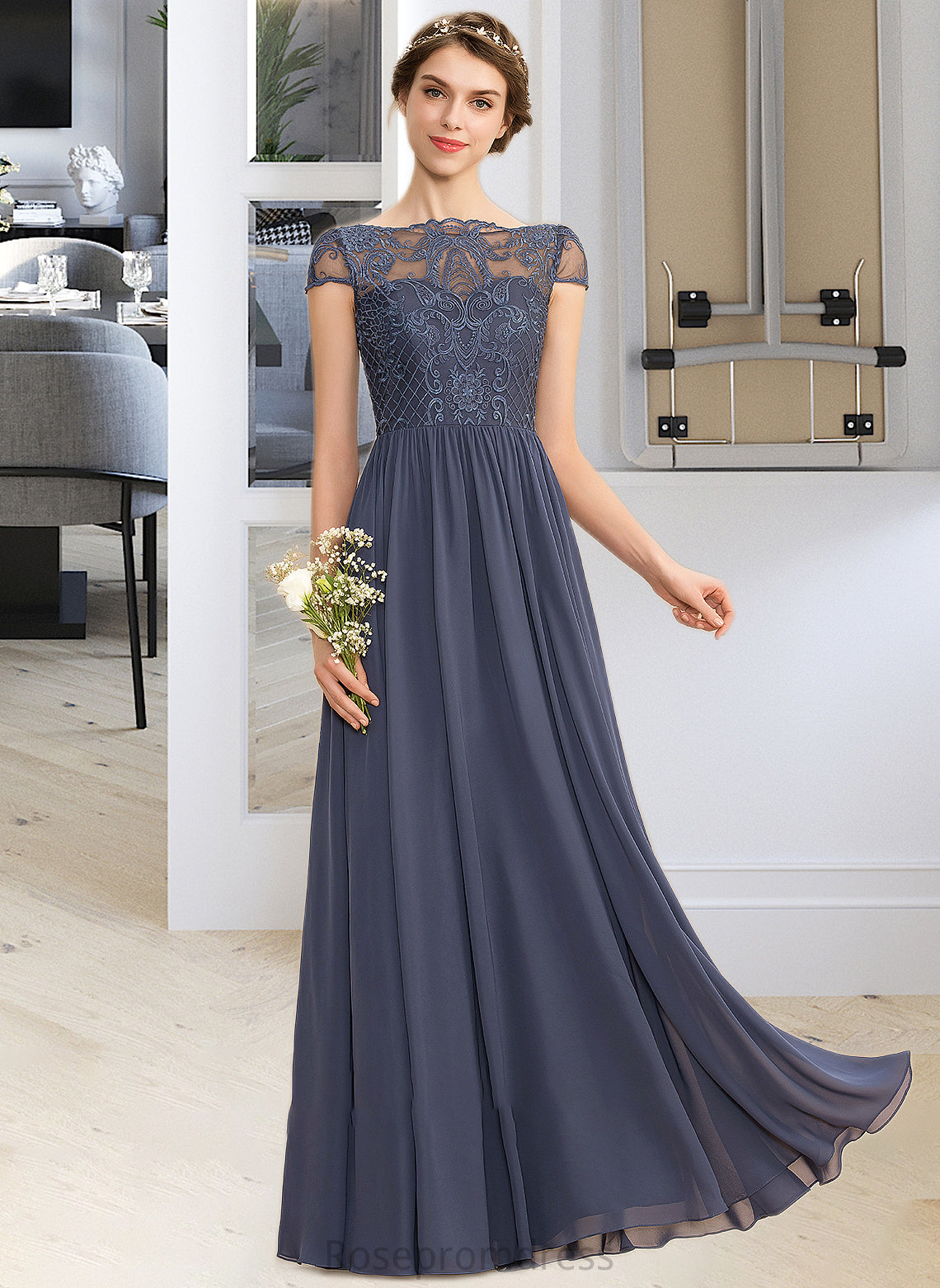 Nicky A-Line Scoop Neck Floor-Length Chiffon Lace Bridesmaid Dress SRSP0012995