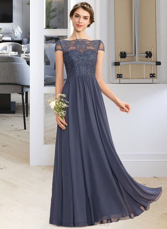Nicky A-Line Scoop Neck Floor-Length Chiffon Lace Bridesmaid Dress SRSP0012995