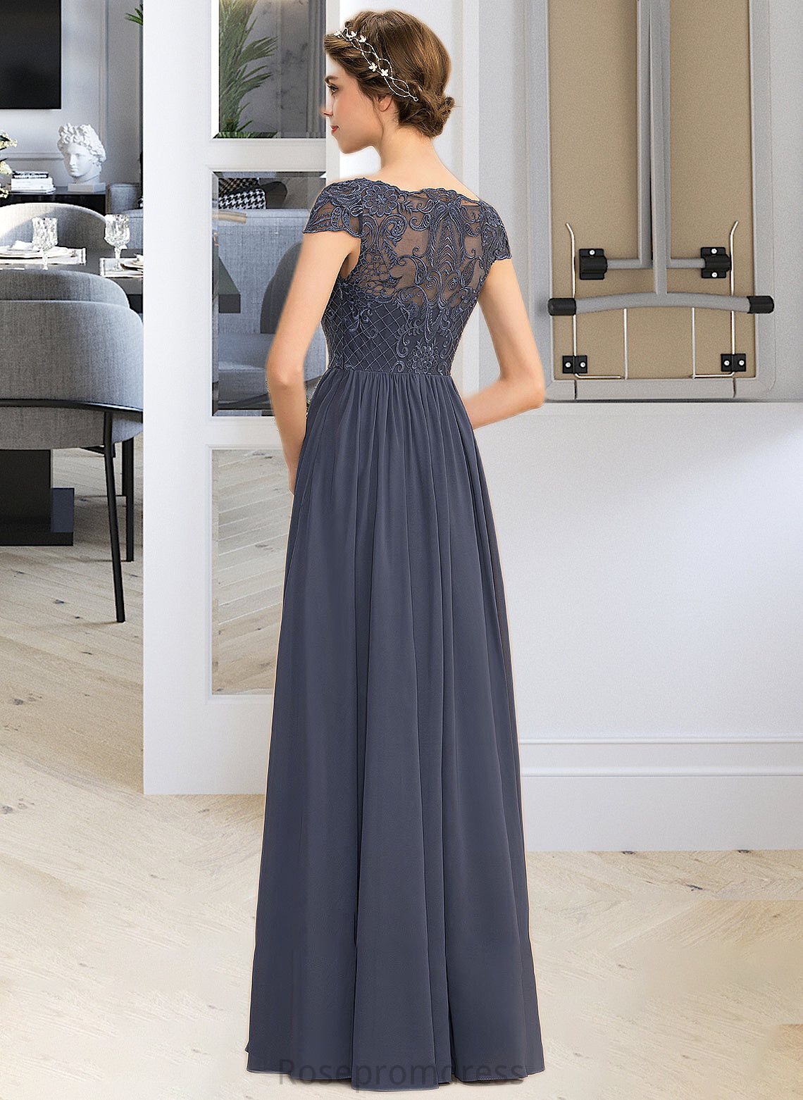 Nicky A-Line Scoop Neck Floor-Length Chiffon Lace Bridesmaid Dress SRSP0012995