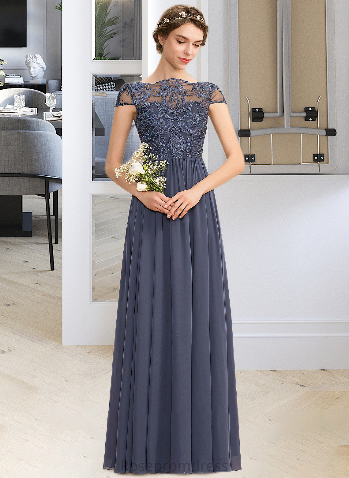 Nicky A-Line Scoop Neck Floor-Length Chiffon Lace Bridesmaid Dress SRSP0012995