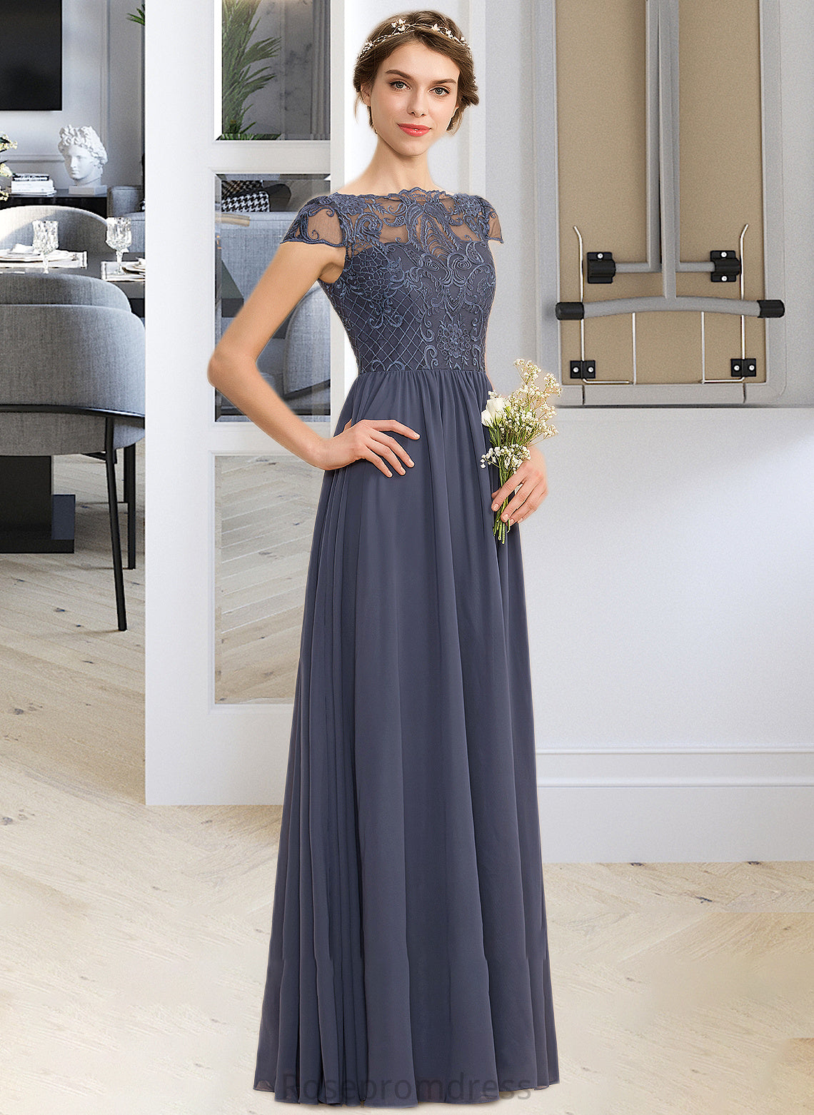 Nicky A-Line Scoop Neck Floor-Length Chiffon Lace Bridesmaid Dress SRSP0012995