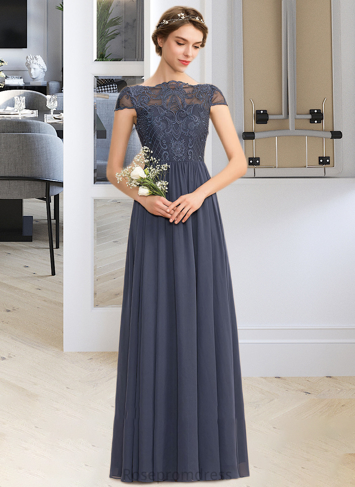 Nicky A-Line Scoop Neck Floor-Length Chiffon Lace Bridesmaid Dress SRSP0012995