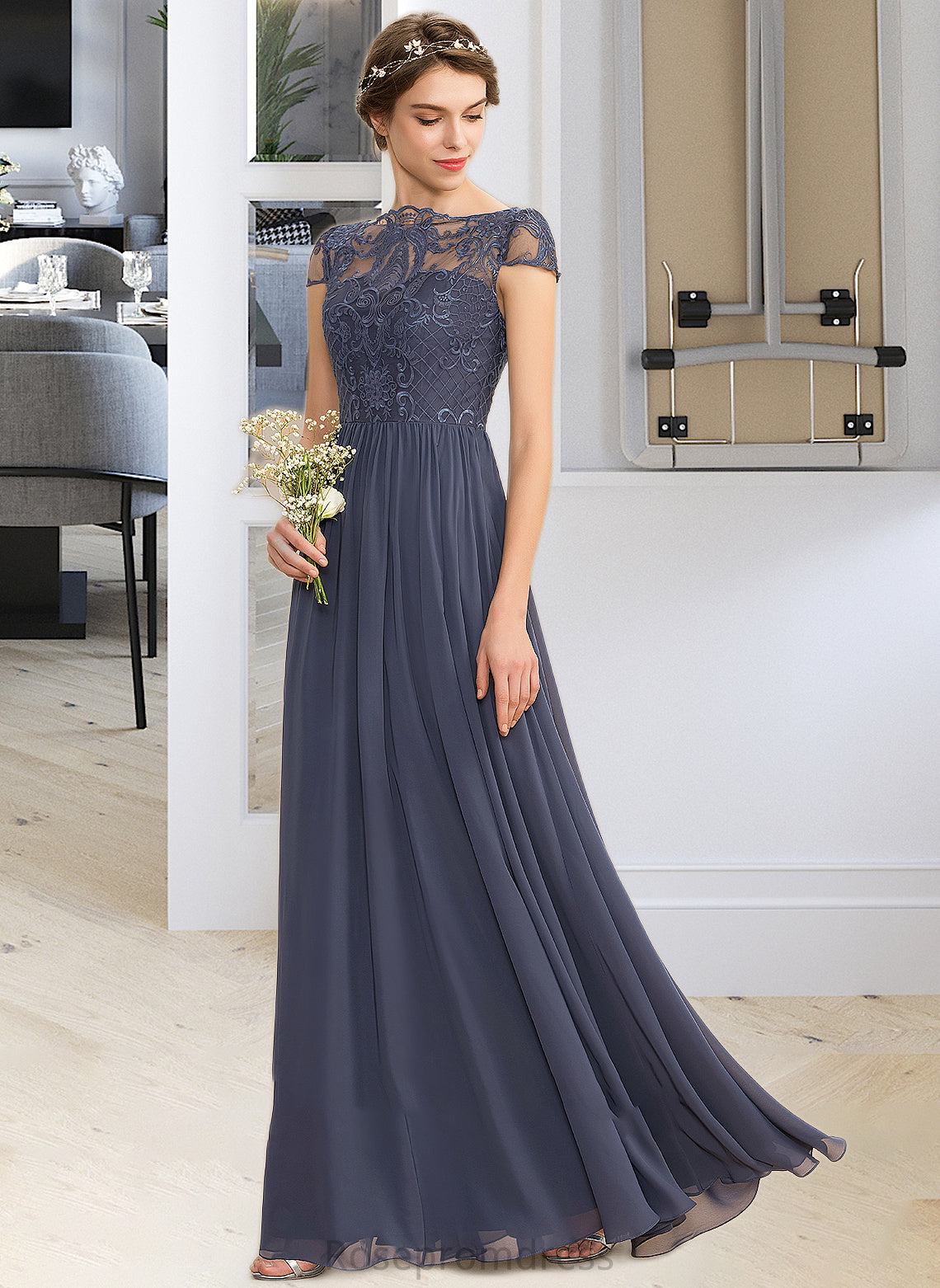 Nicky A-Line Scoop Neck Floor-Length Chiffon Lace Bridesmaid Dress SRSP0012995