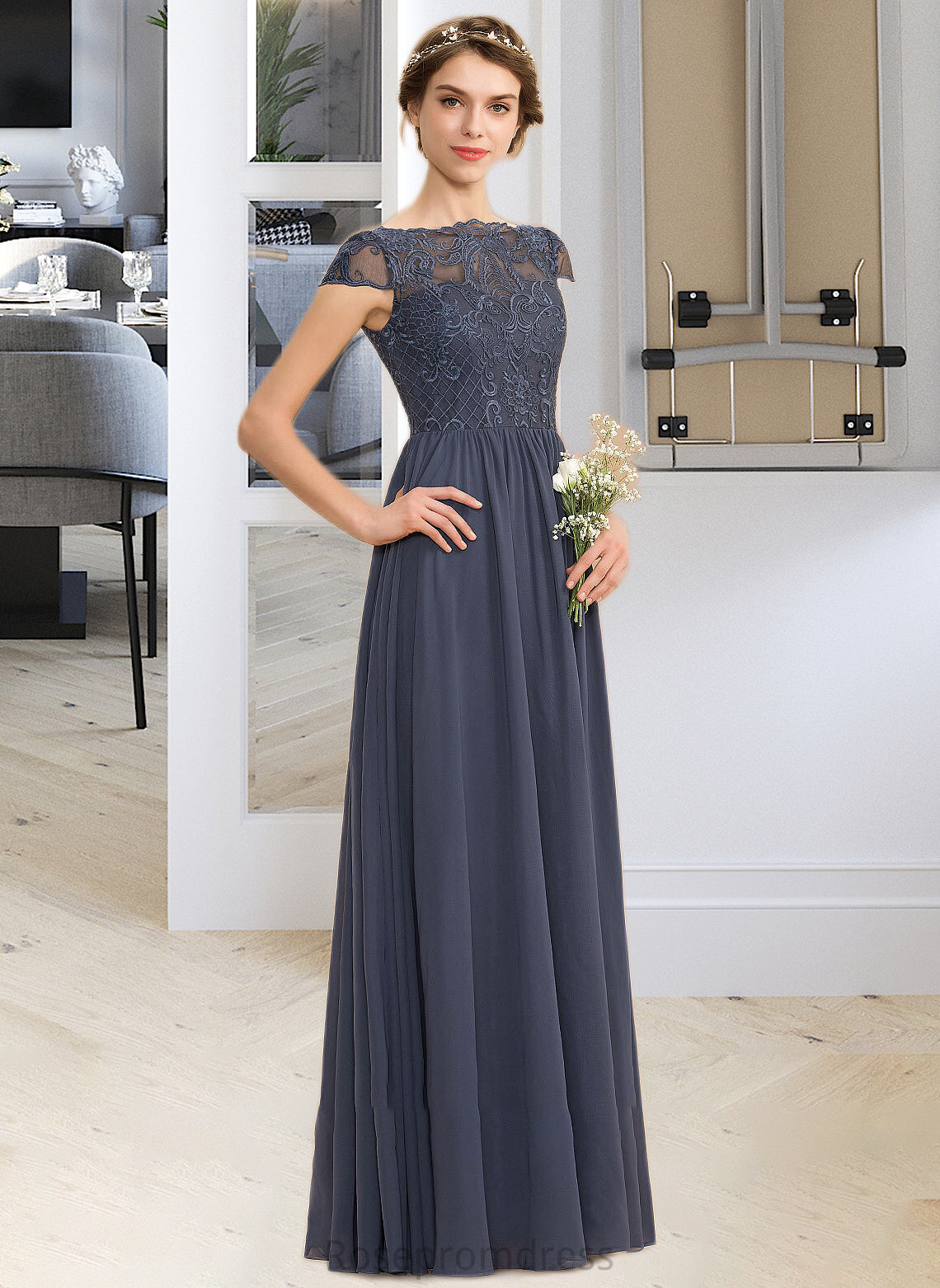 Nicky A-Line Scoop Neck Floor-Length Chiffon Lace Bridesmaid Dress SRSP0012995