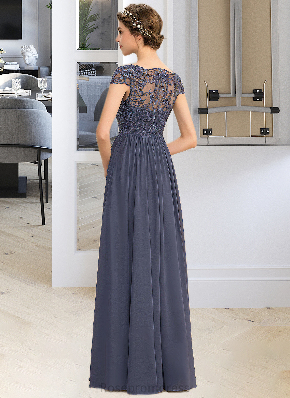 Nicky A-Line Scoop Neck Floor-Length Chiffon Lace Bridesmaid Dress SRSP0012995