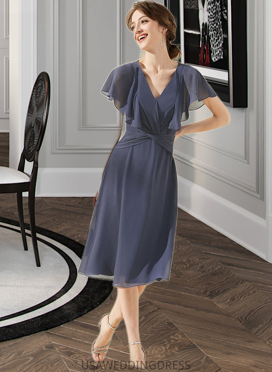 Nathaly A-Line V-neck Knee-Length Chiffon Bridesmaid Dress With Ruffle DSP0012996