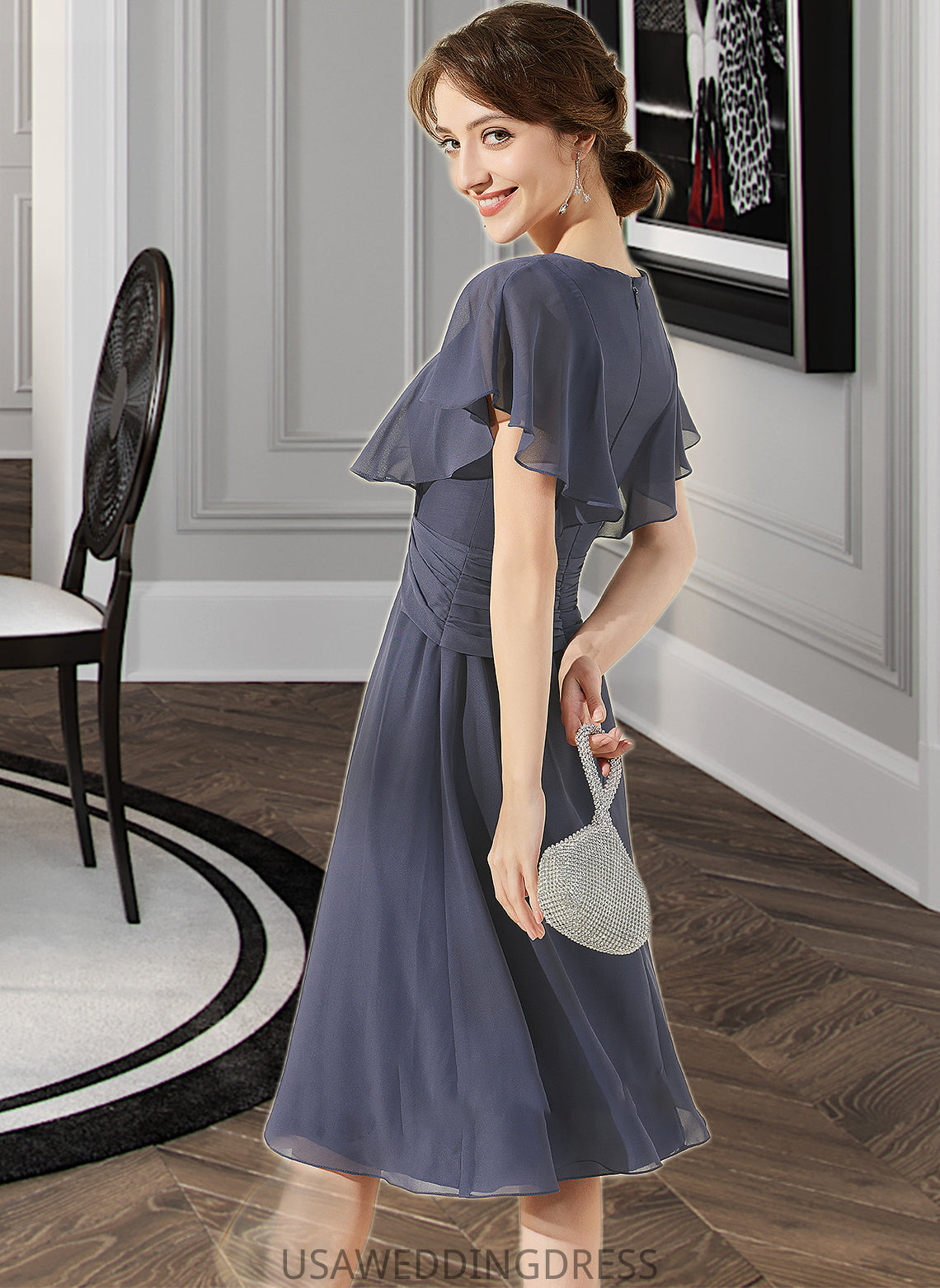 Nathaly A-Line V-neck Knee-Length Chiffon Bridesmaid Dress With Ruffle DSP0012996