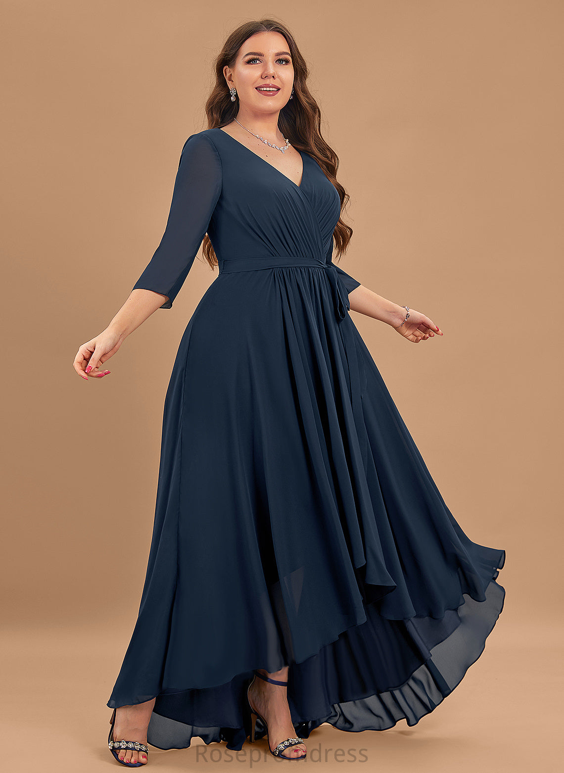 Pleated Length Silhouette V-neck Fabric Asymmetrical Neckline A-Line Embellishment Ashtyn Bridesmaid Dresses