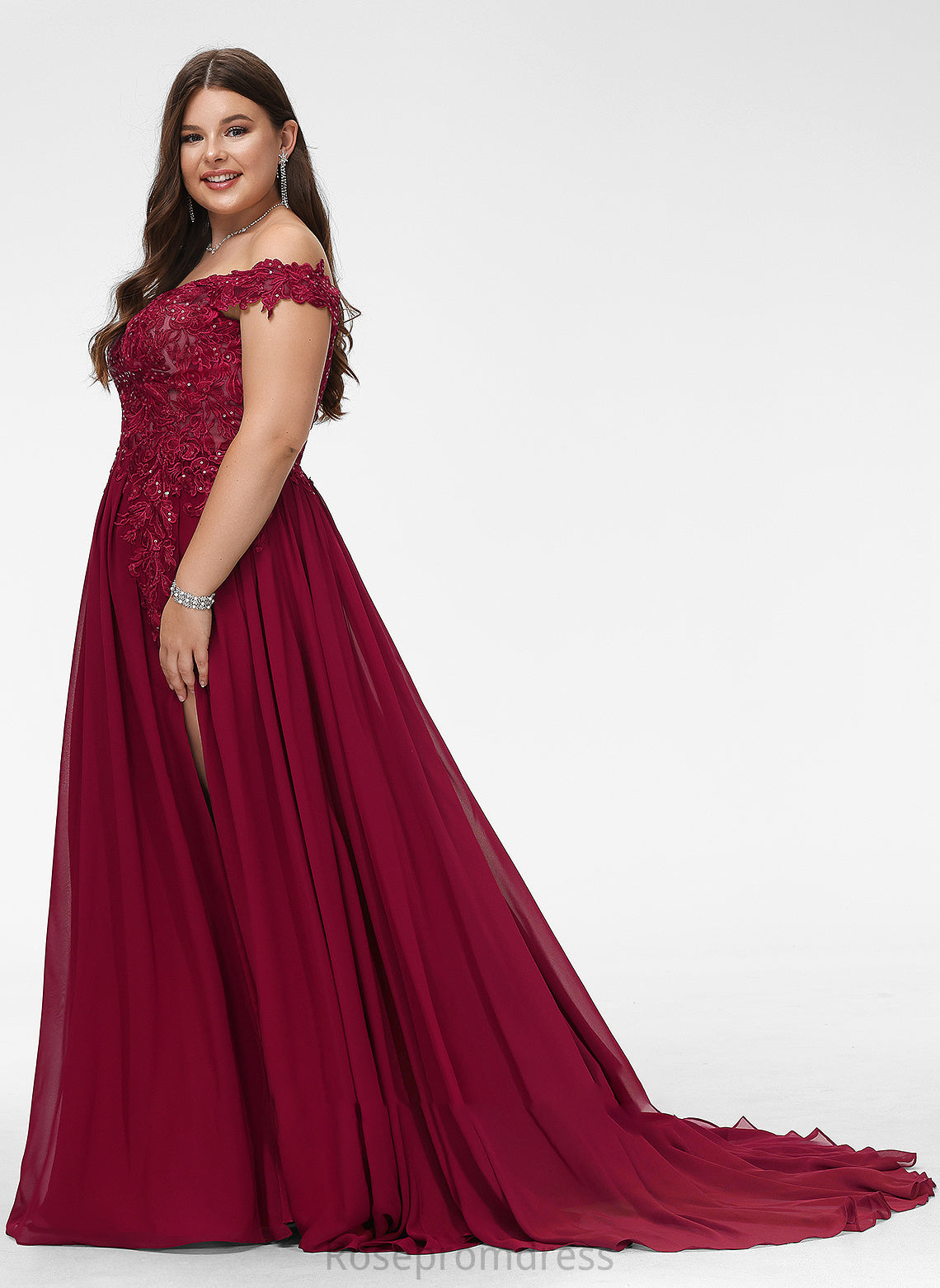 Off-the-Shoulder A-Line Prom Dresses Train Chiffon Lace Kaydence Sweep With Sequins