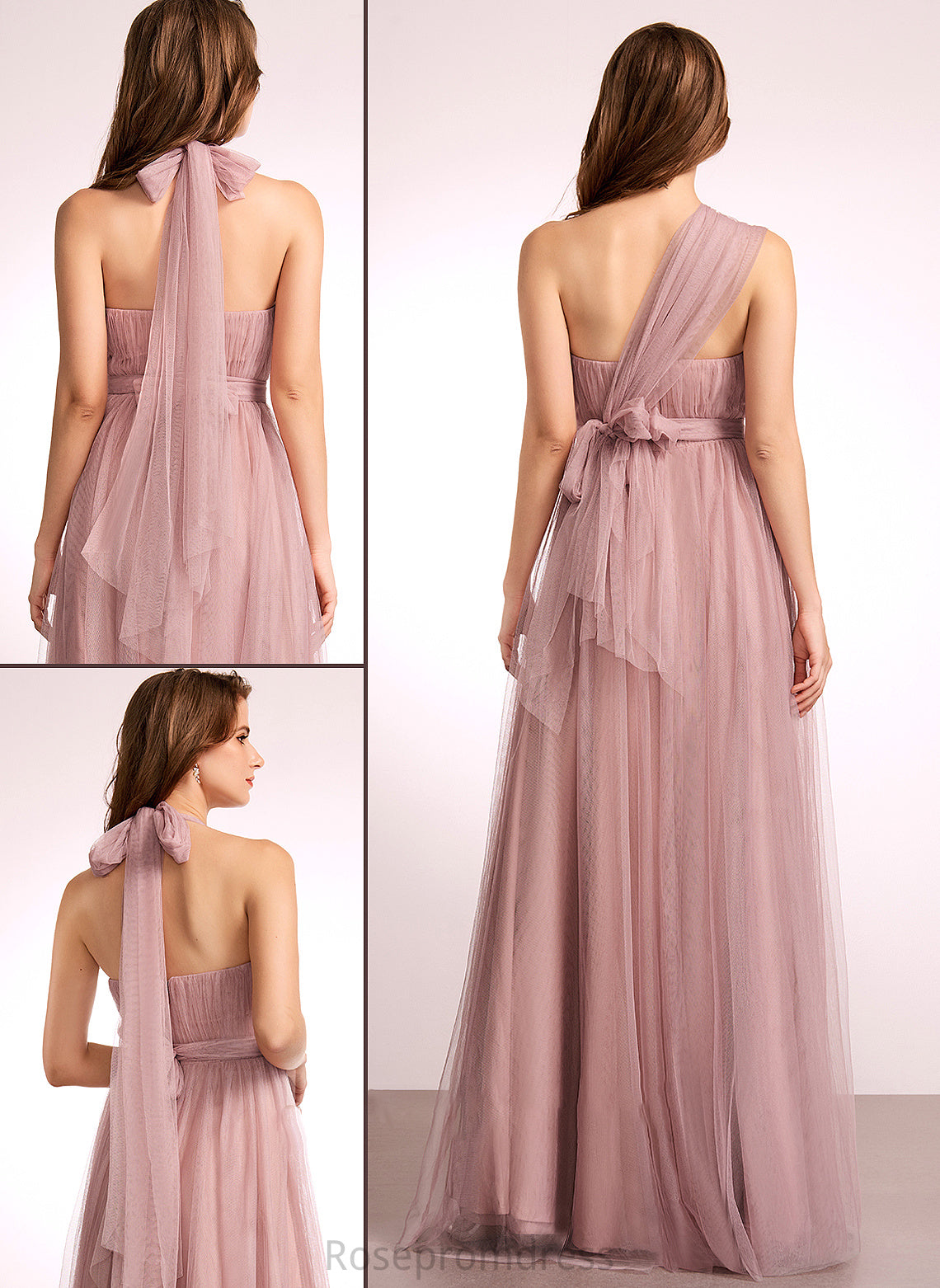 Neckline One-Shoulder Fabric Straps A-Line Length Silhouette V-neck Off-the-Shoulder Tulle Floor-Length Leslie Bridesmaid Dresses