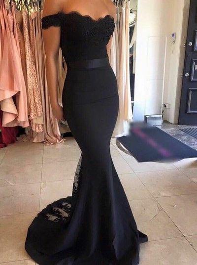 Black Long Prom Dresses Mermaid Off the Shoulder with Sash Prom Gowns Bridesmaid Dresses RS68