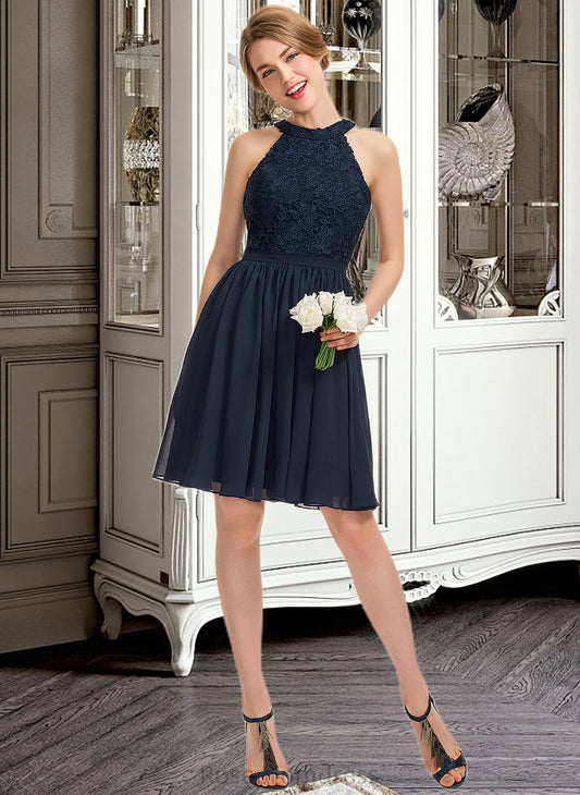 Rory A-Line Scoop Neck Knee-Length Chiffon Lace Bridesmaid Dress With Ruffle SRSP0013006