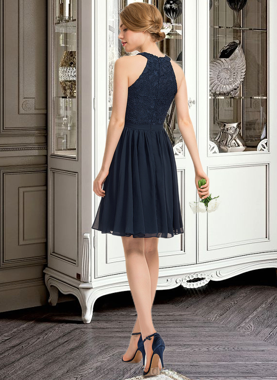 Rory A-Line Scoop Neck Knee-Length Chiffon Lace Bridesmaid Dress With Ruffle SRSP0013006