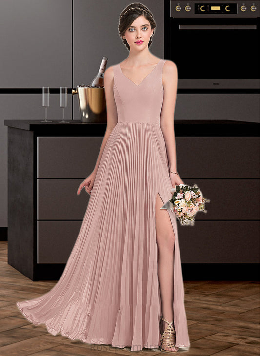 Payton A-Line V-neck Floor-Length Chiffon Bridesmaid Dress With Split Front Pleated SRSP0013007