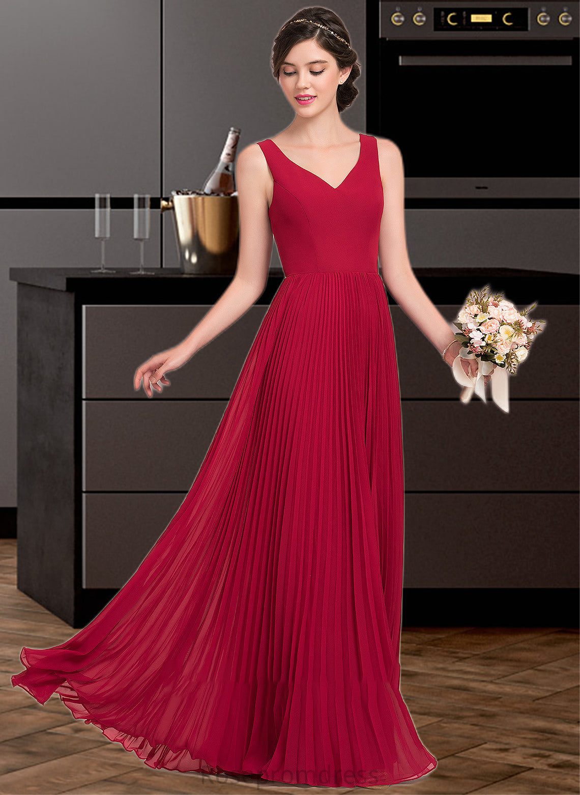 Payton A-Line V-neck Floor-Length Chiffon Bridesmaid Dress With Split Front Pleated SRSP0013007