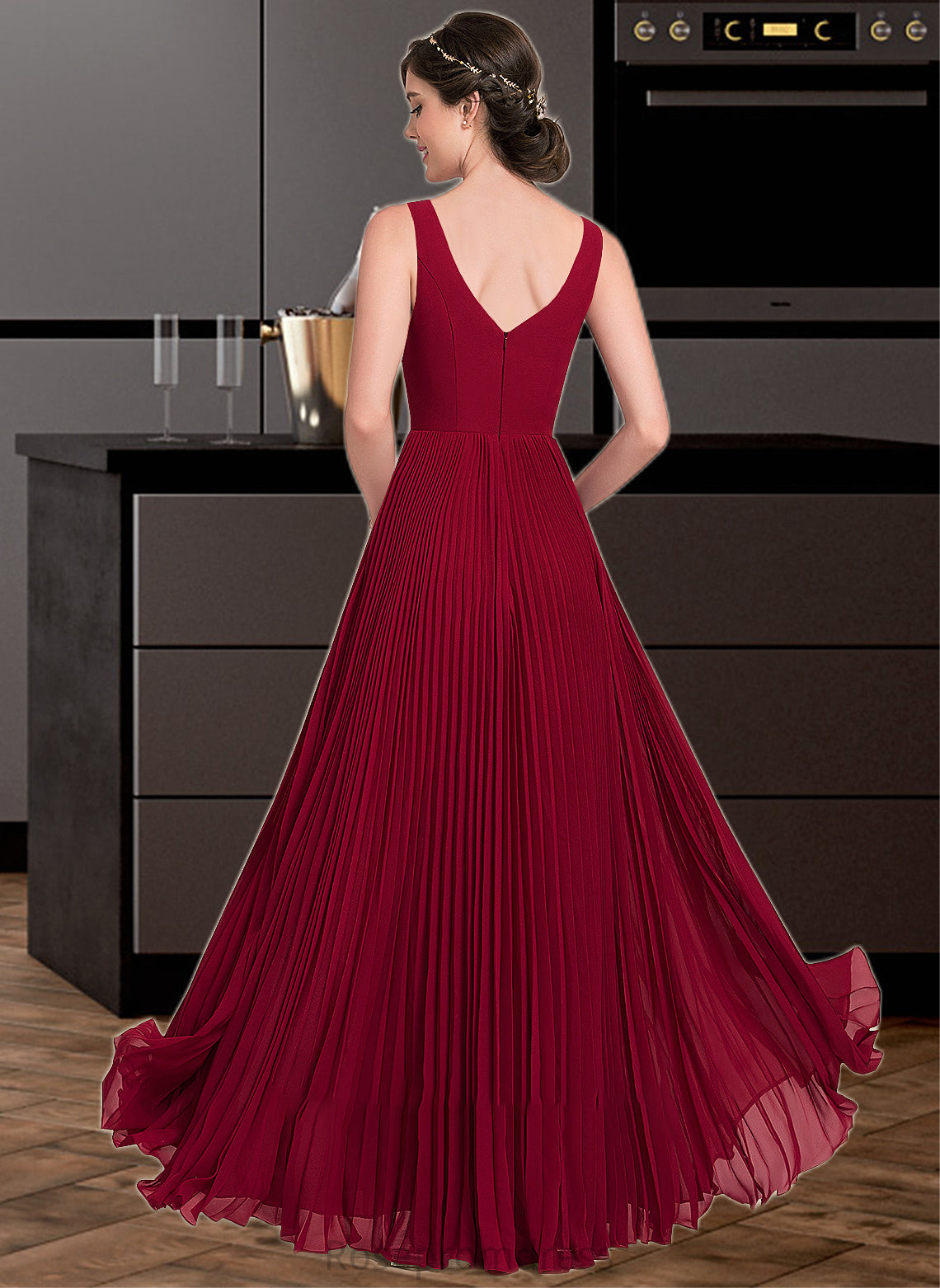 Payton A-Line V-neck Floor-Length Chiffon Bridesmaid Dress With Split Front Pleated SRSP0013007