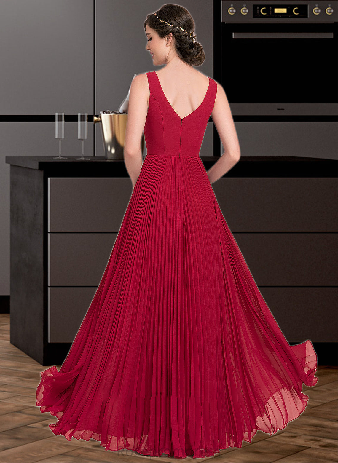 Payton A-Line V-neck Floor-Length Chiffon Bridesmaid Dress With Split Front Pleated SRSP0013007
