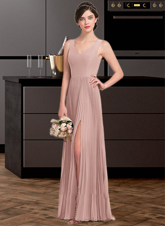 Payton A-Line V-neck Floor-Length Chiffon Bridesmaid Dress With Split Front Pleated SRSP0013007