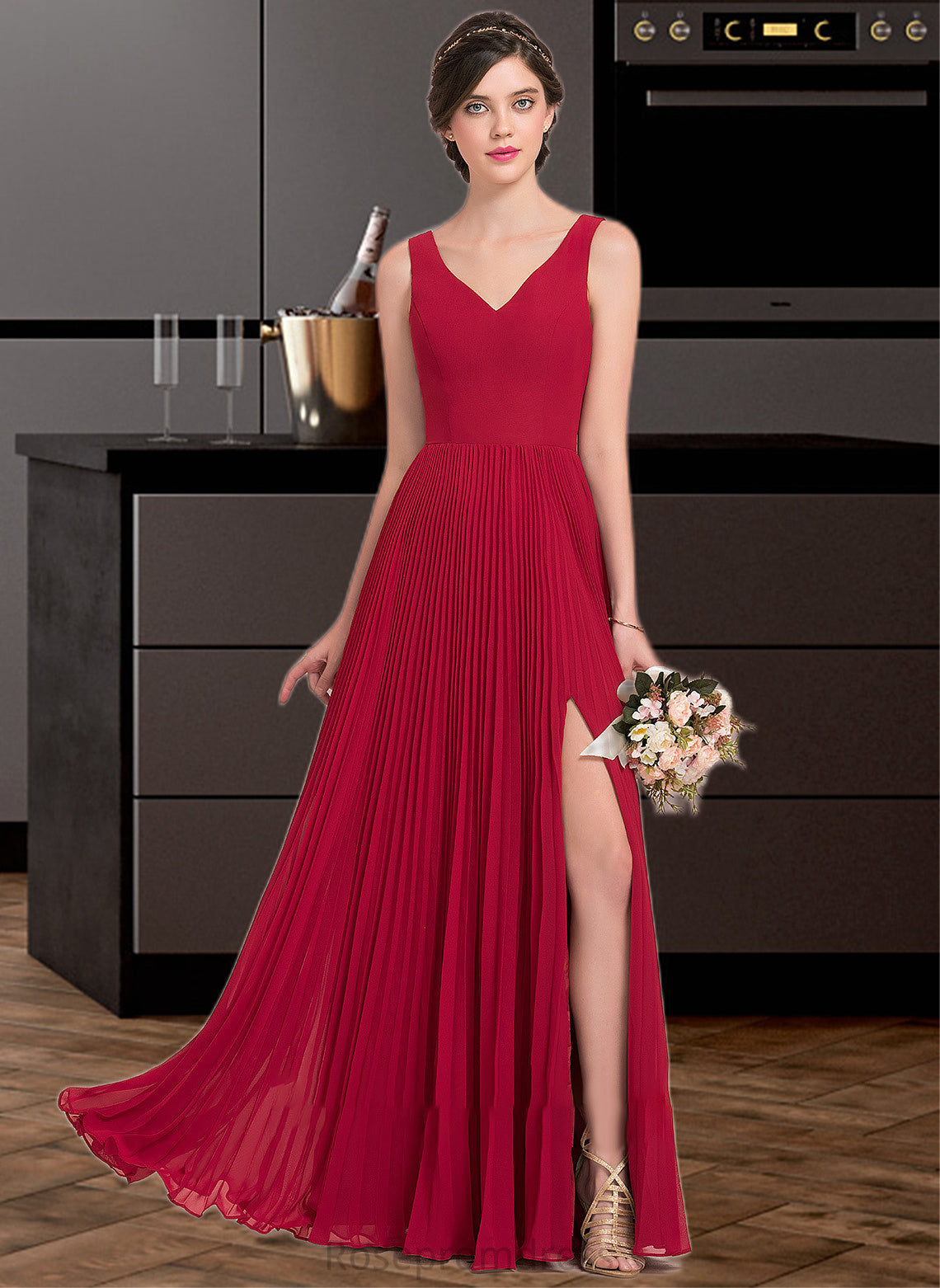 Payton A-Line V-neck Floor-Length Chiffon Bridesmaid Dress With Split Front Pleated SRSP0013007