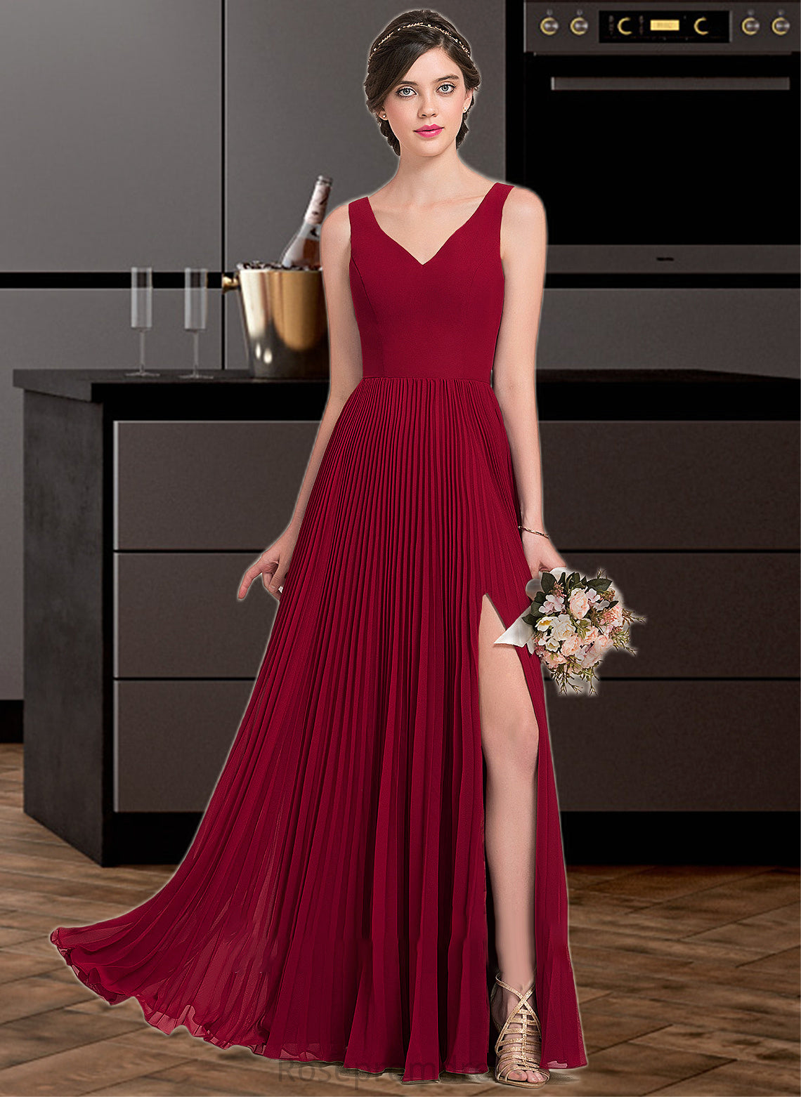 Payton A-Line V-neck Floor-Length Chiffon Bridesmaid Dress With Split Front Pleated SRSP0013007