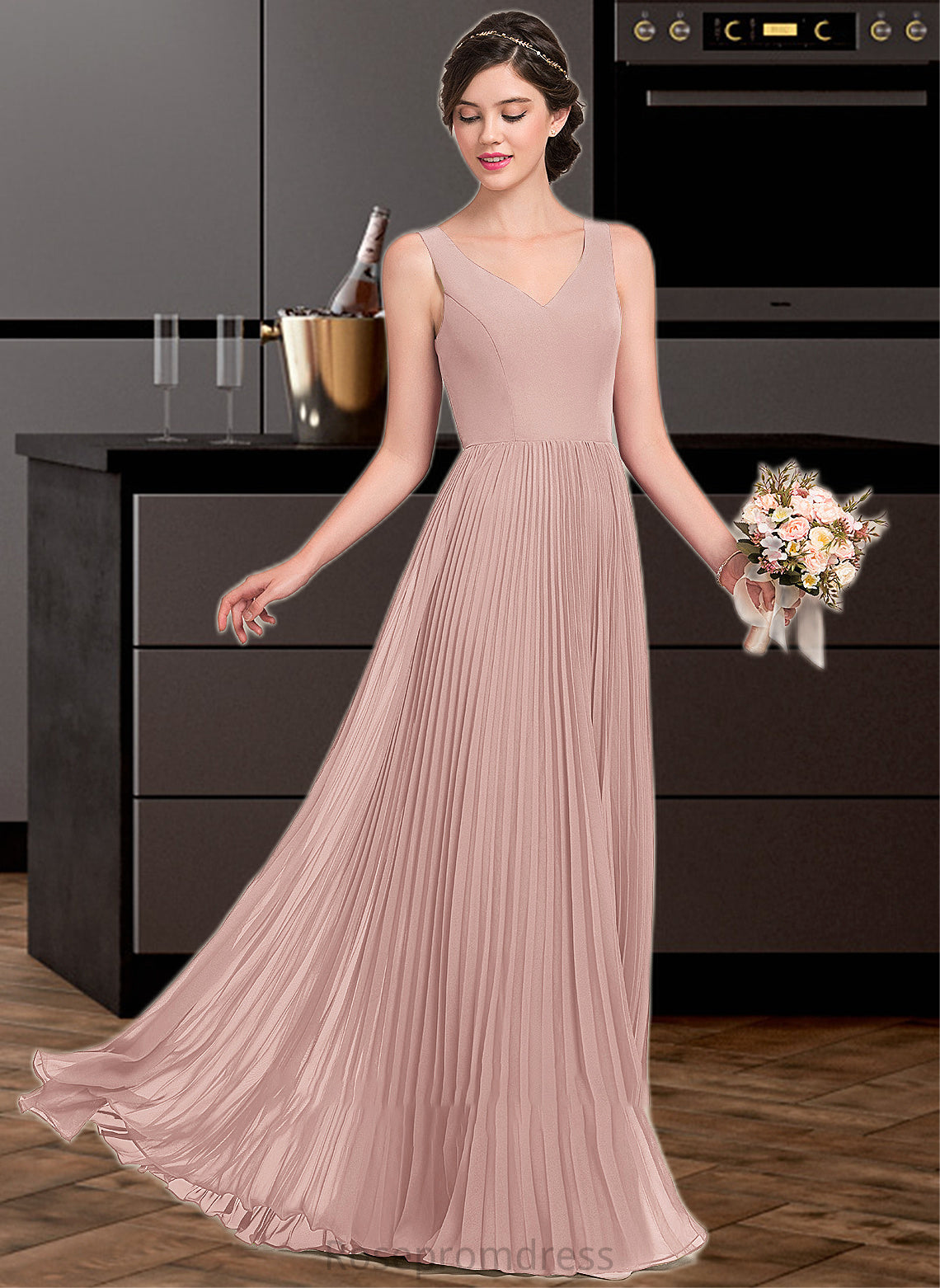 Payton A-Line V-neck Floor-Length Chiffon Bridesmaid Dress With Split Front Pleated SRSP0013007