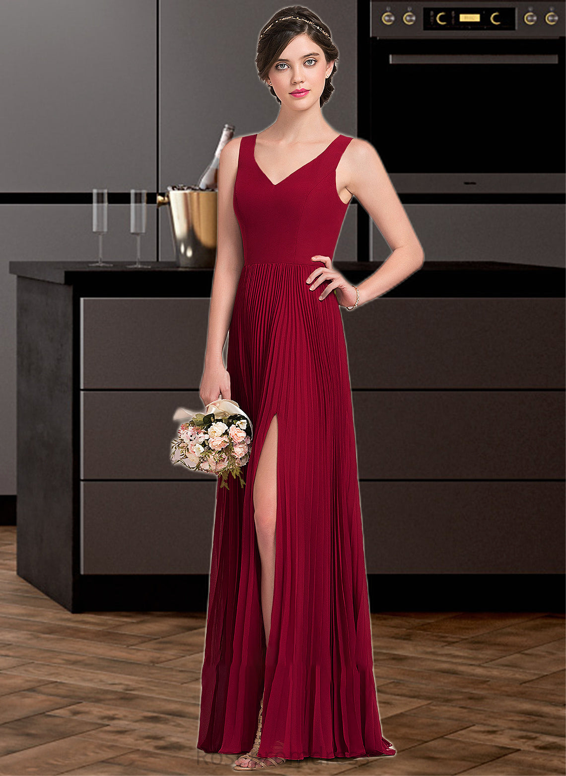 Payton A-Line V-neck Floor-Length Chiffon Bridesmaid Dress With Split Front Pleated SRSP0013007