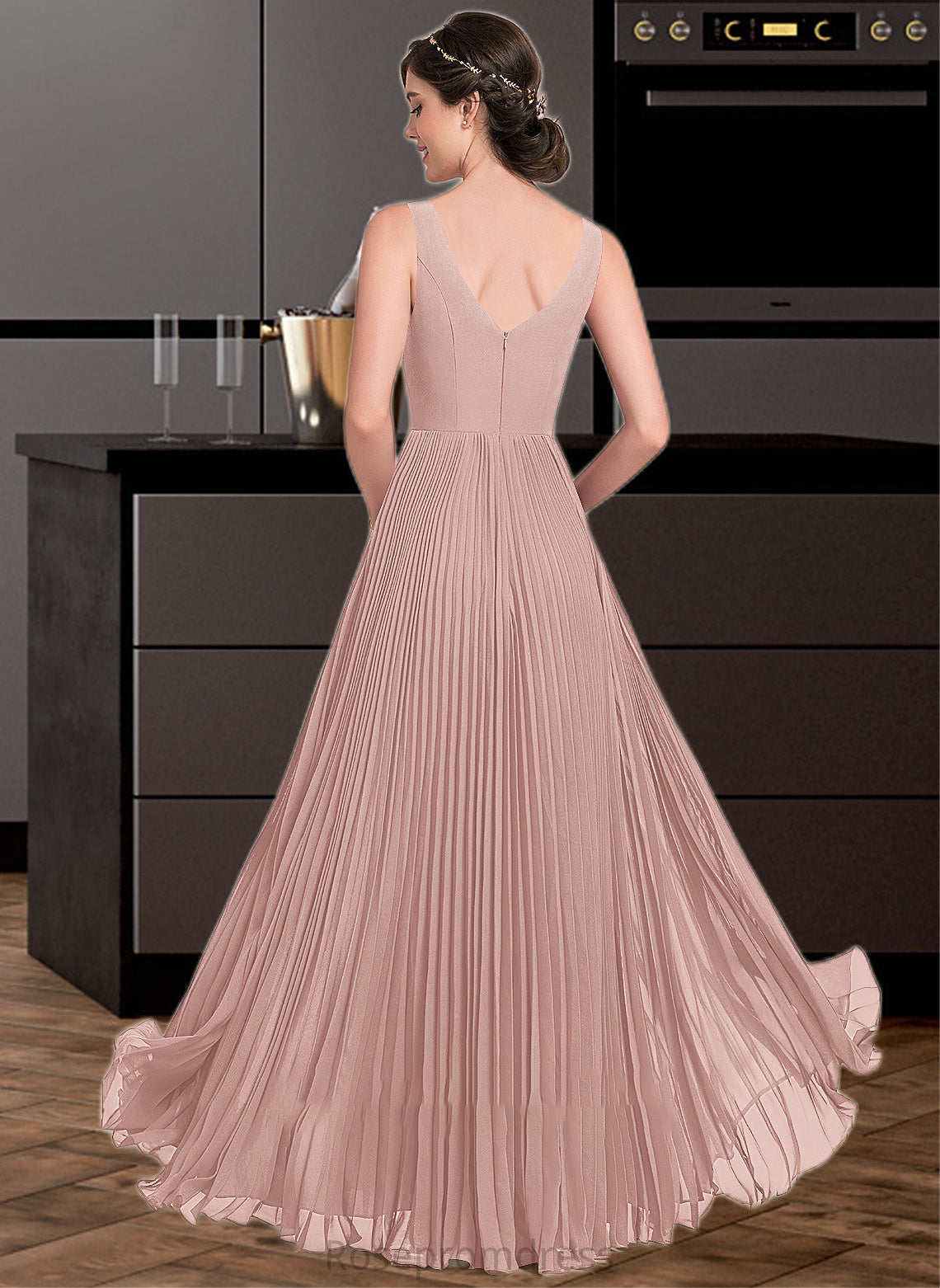 Payton A-Line V-neck Floor-Length Chiffon Bridesmaid Dress With Split Front Pleated SRSP0013007