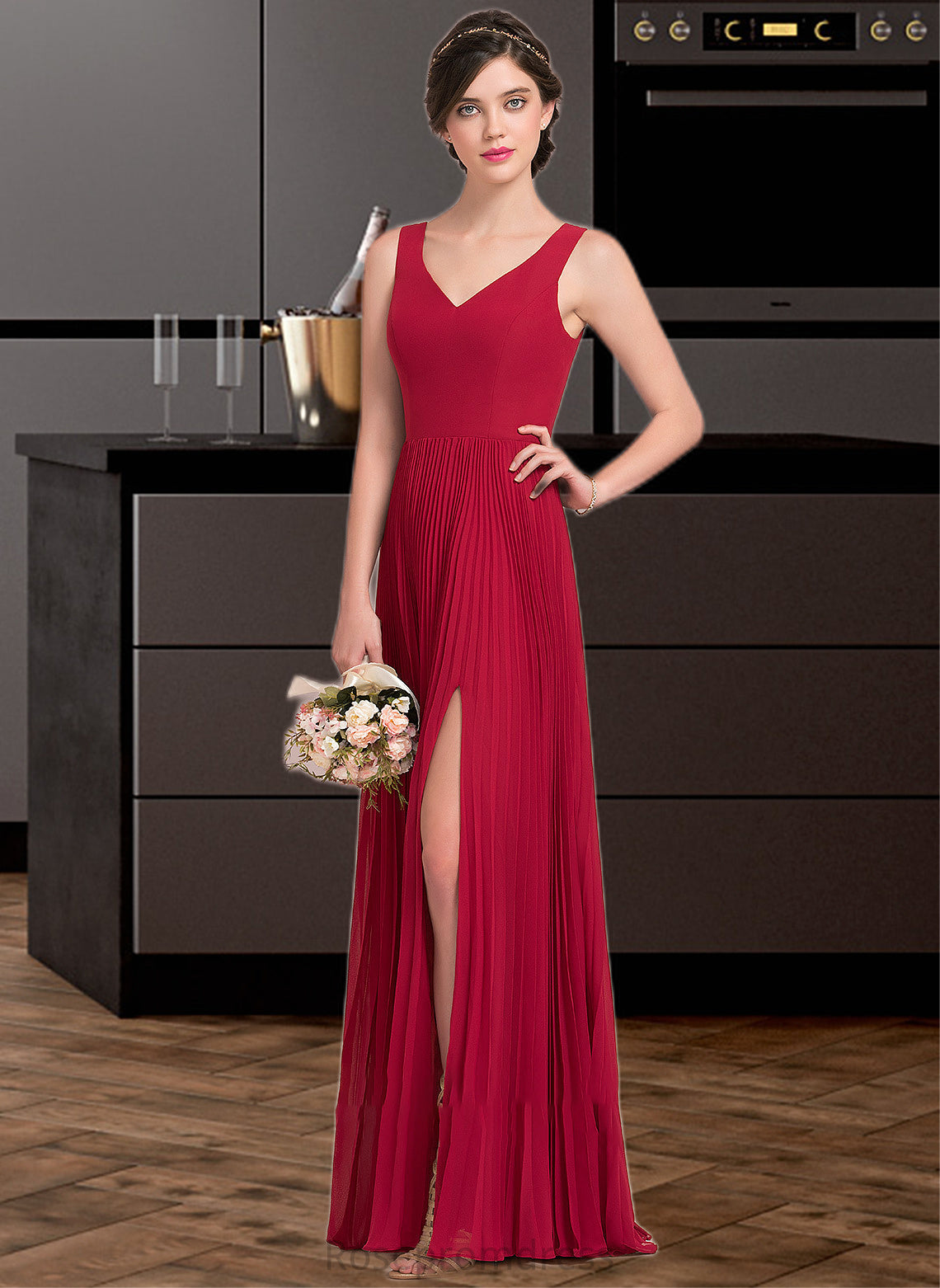 Payton A-Line V-neck Floor-Length Chiffon Bridesmaid Dress With Split Front Pleated SRSP0013007