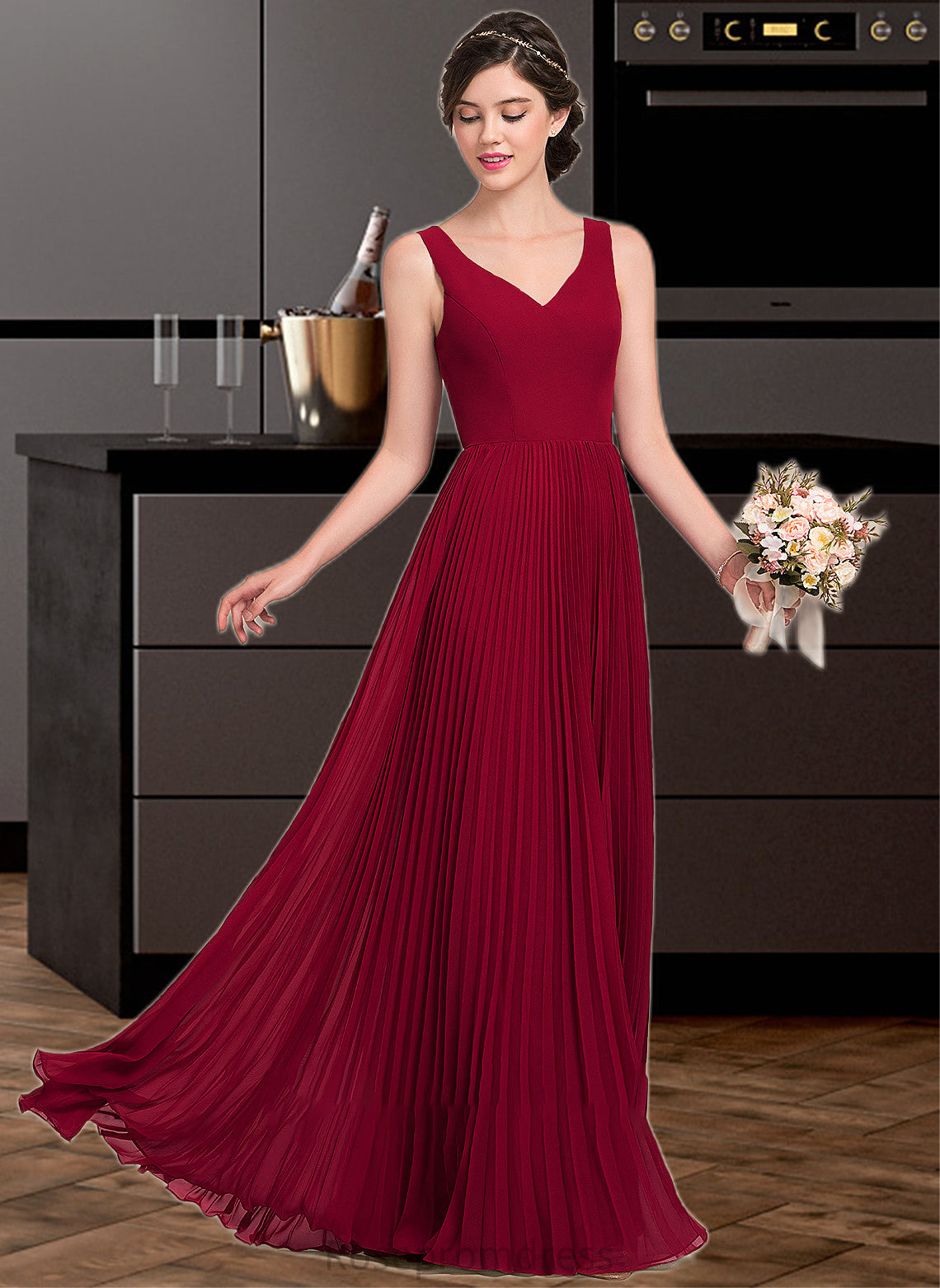 Payton A-Line V-neck Floor-Length Chiffon Bridesmaid Dress With Split Front Pleated SRSP0013007