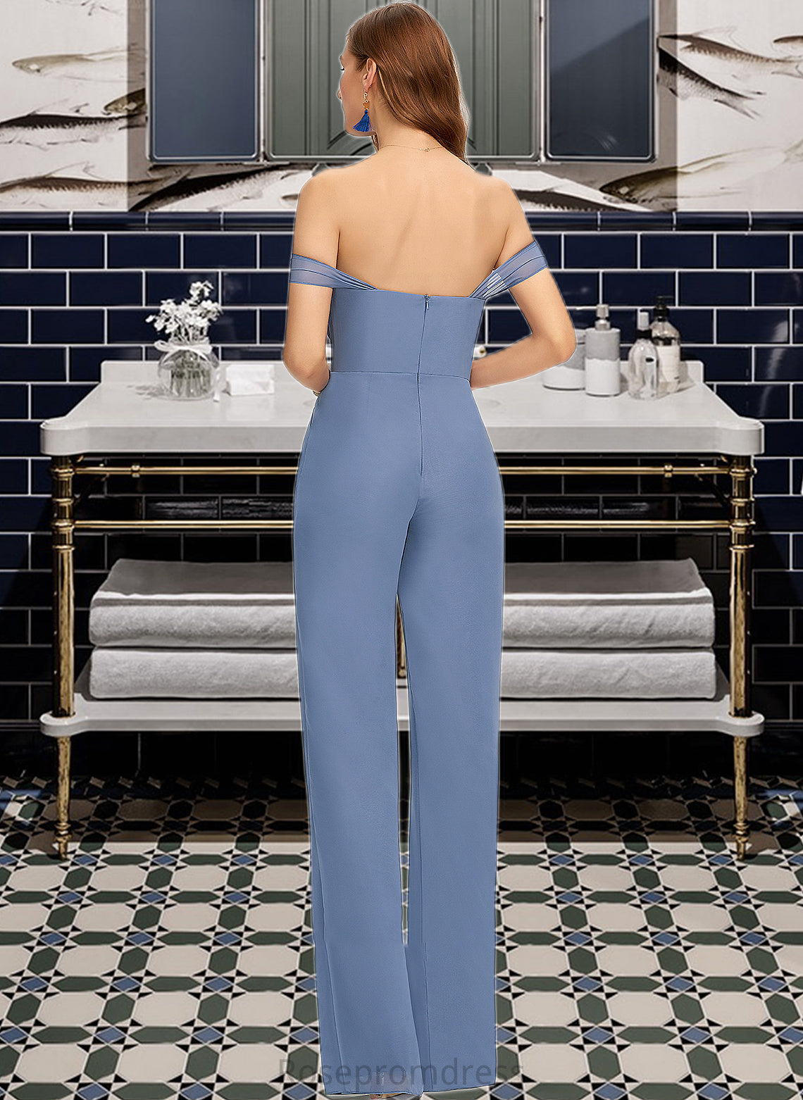 Monica Jumpsuit/Pantsuit Off-the-Shoulder Floor-Length Chiffon Bridesmaid Dress With Pockets SRSP0013010