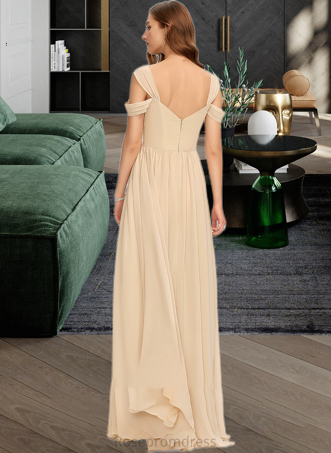 Hailie A-Line V-neck Floor-Length Chiffon Bridesmaid Dress With Ruffle SRSP0013011