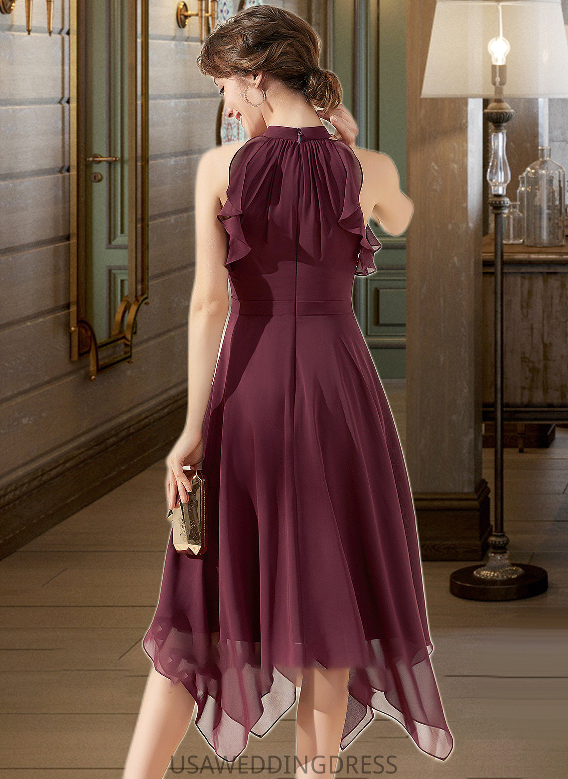 Danielle A-Line Scoop Neck Tea-Length Chiffon Bridesmaid Dress With Cascading Ruffles DSP0013016