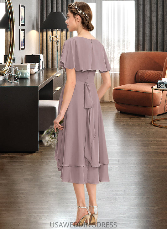 Lana A-line V-Neck Asymmetrical Chiffon Bridesmaid Dress With Cascading Ruffles DSP0013019