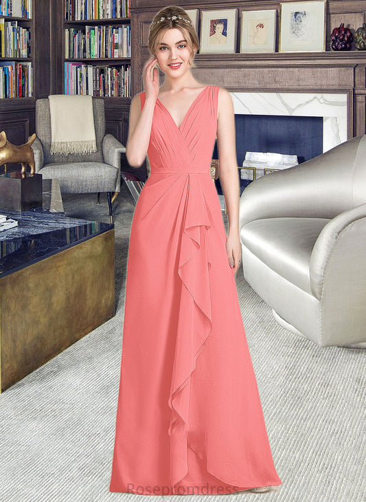 Jaliyah A-line V-Neck Floor-Length Chiffon Bridesmaid Dress With Cascading Ruffles SRSP0013021