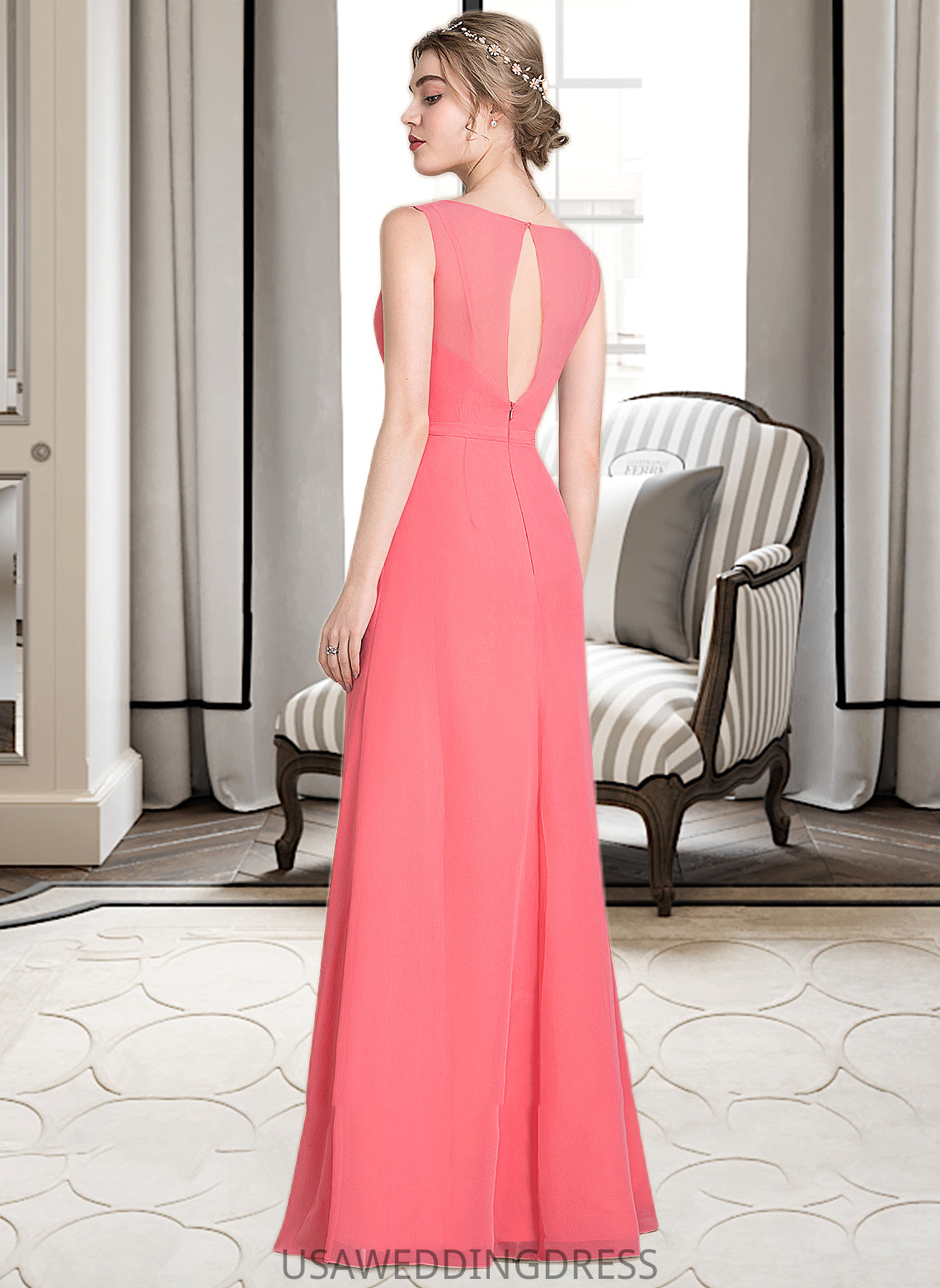 Janice A-line V-Neck Floor-Length Chiffon Bridesmaid Dress With Cascading Ruffles DSP0013021