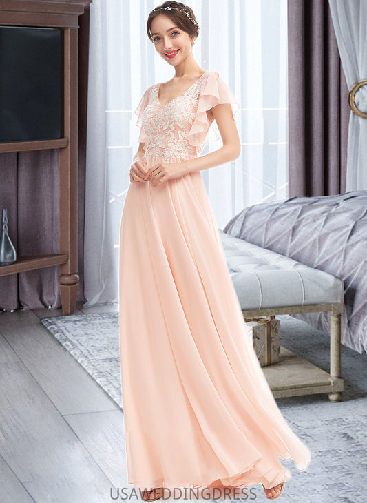 Karma A-Line V-neck Floor-Length Bridesmaid Dress With Ruffle DSP0013025