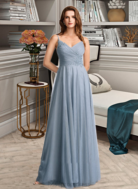 Keely A-Line V-neck Floor-Length Bridesmaid Dress With Lace SRSP0013030