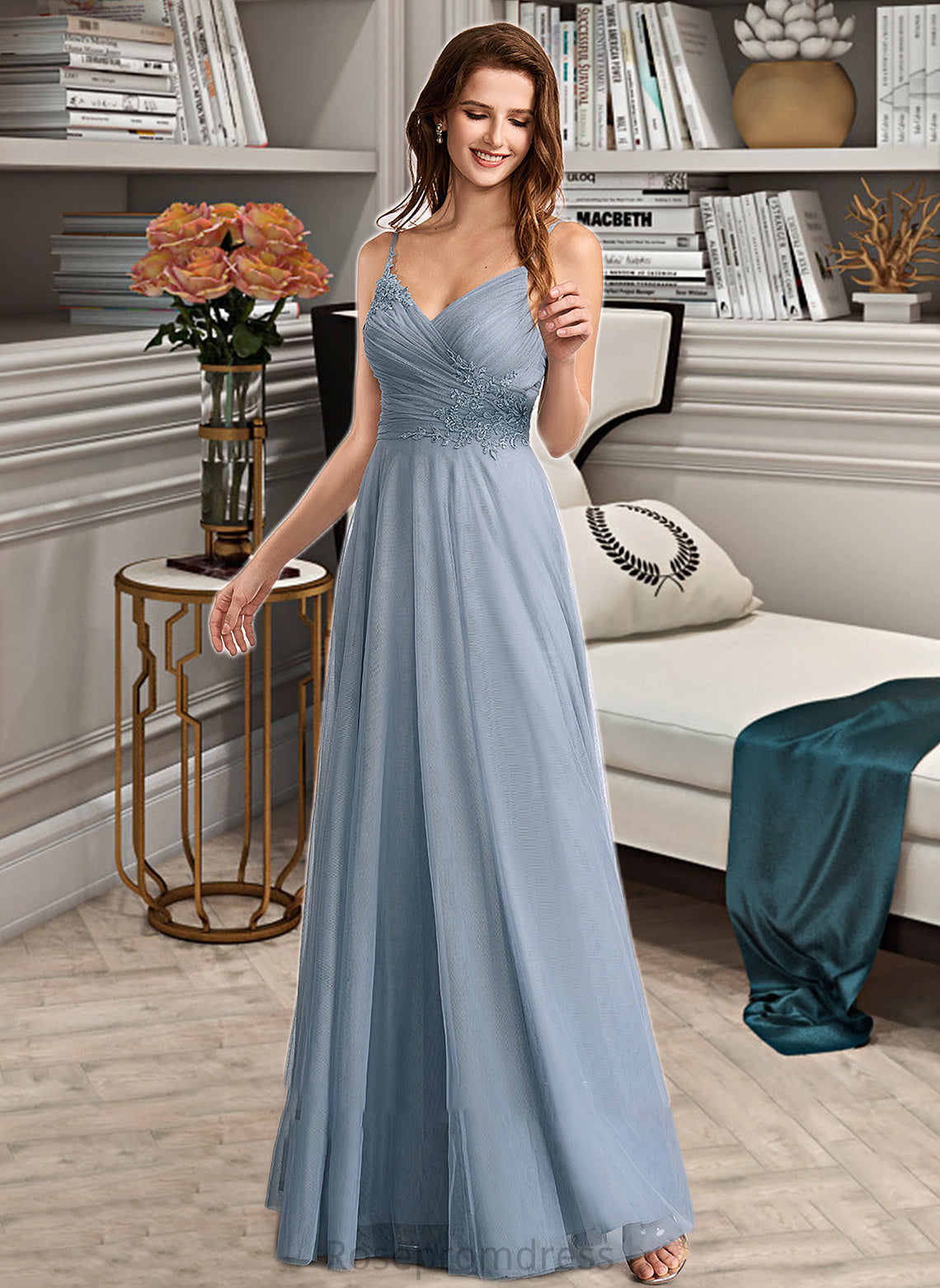 Keely A-Line V-neck Floor-Length Bridesmaid Dress With Lace SRSP0013030